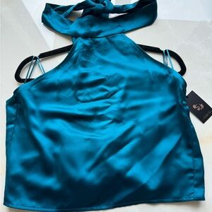 SJ satin teal wrap halter top blouse